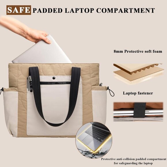 Cream Khaki Lightweight Puffer Tote Bag for Women with Laptop Compartment - Picture 4 of 7